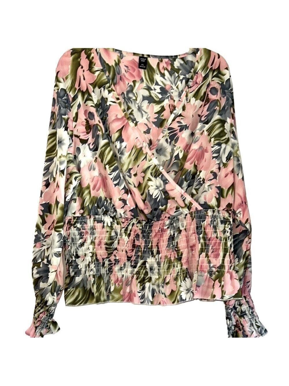 Flowery Deep V, Green and Pink Puff Sleeve Blouse SZ 4X, Plus Size